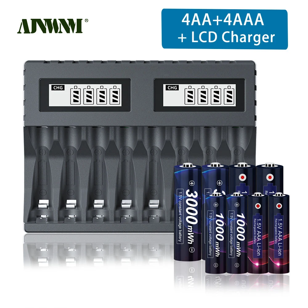 1.5 V AA Bateria Recarregável AA 3000mWh de 1,5 V AA Baterias de lítio-íon+ 1000mWh AAA Bateria Com 8 slots de LCD carregador de Pilhas AAA de 1,5 v
