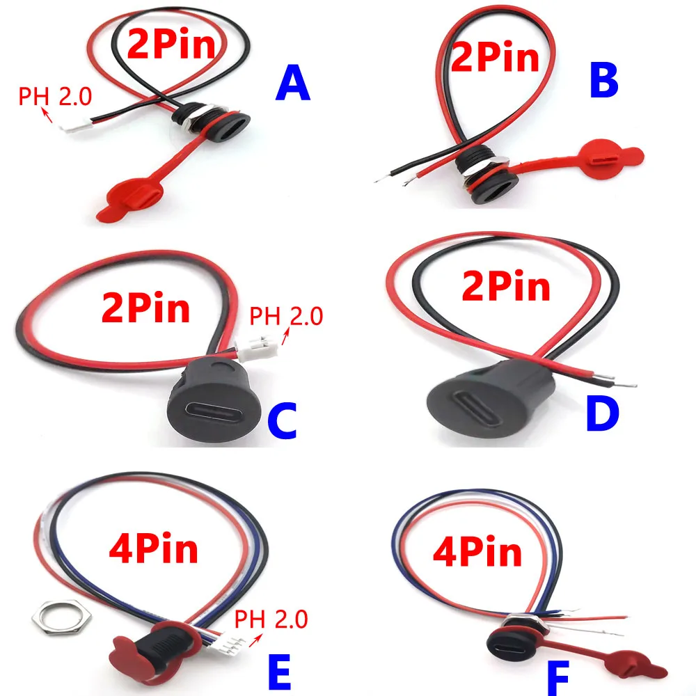 100pc USB-C 4P 2 Pin Conector de Tipo C para PH2.0 Fio Com Cabo Porca Snap Placa do sexo Feminino 3A Impermeável USB de Carregamento Rápido de Jack Porta