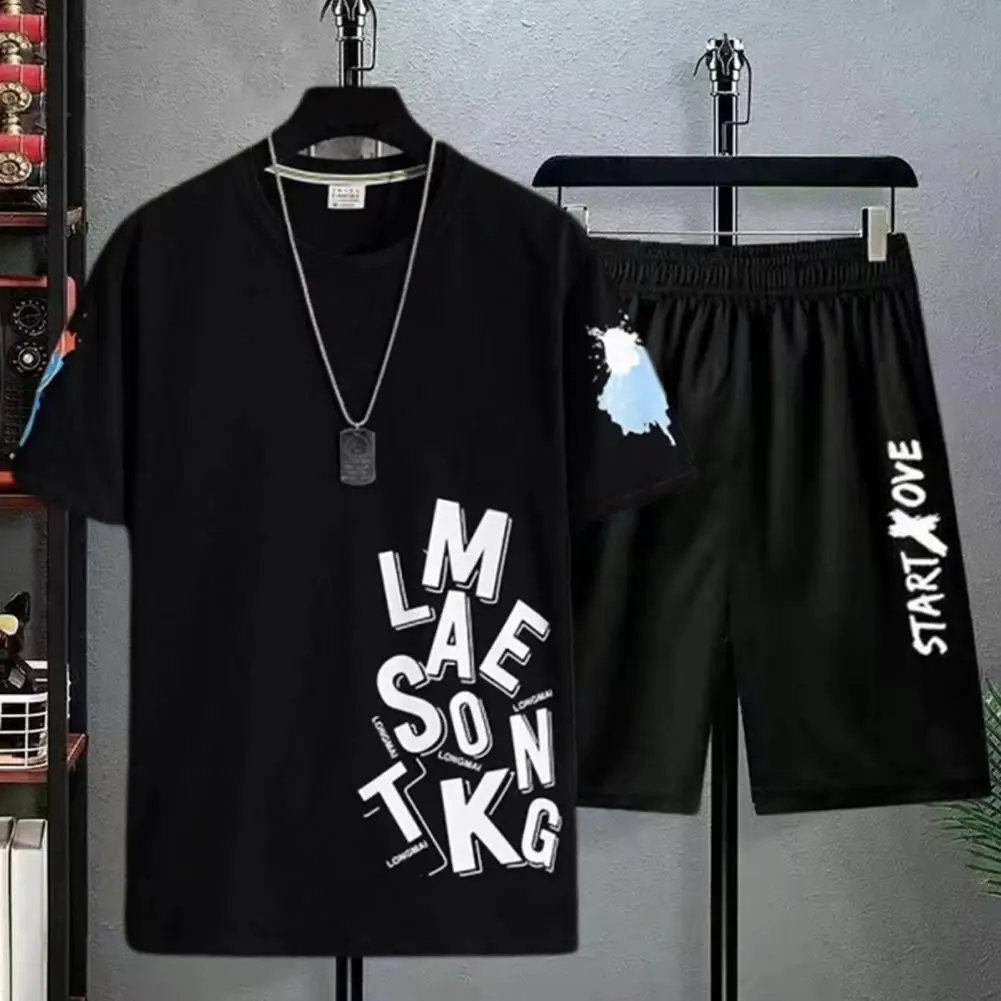 2 Pcs/Set T-shirt, Shorts Letra Imprimir em torno do Pescoço Solto Mangas Curtas Esporte Fino Estilo coreano Homens de Treino de Homens Vestuário