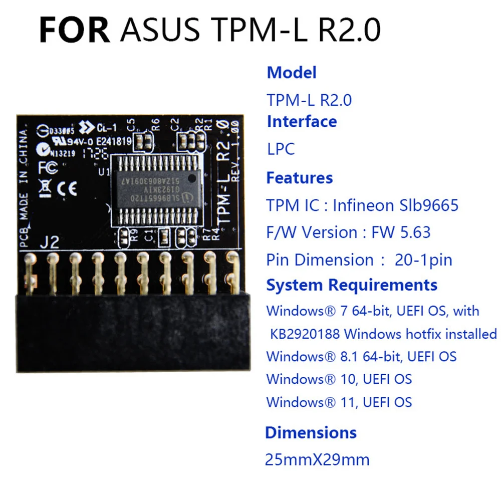 20-1Pin TPM 2.0 do Módulo de Módulo de Plataforma Fidedigna LPC Interface Para ASUS TPM-L R2.0