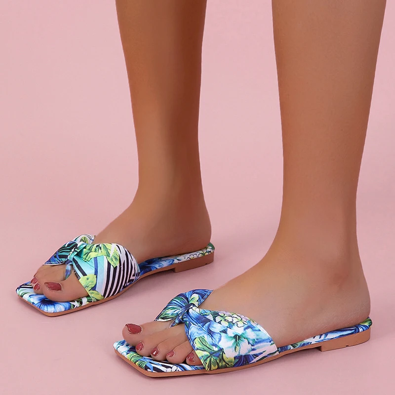 2021 Mulheres Bohemia Impressão Chinelos Mulher de pés Quadrados Arco Slides Senhoras de Praia no Verão Calçado Feminino Casual Flats Sapatos femininos