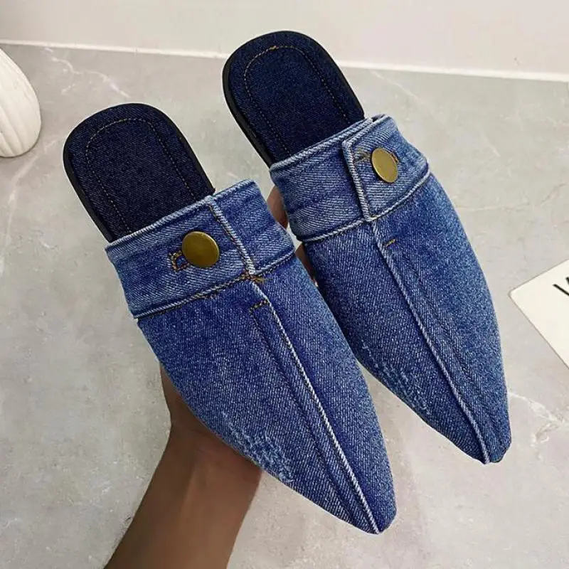 2022 Jeans Azul Chinelos De Dedo Apontado Ao Ar Livre Slides Mulas Deslizar Sobre Flats Mulheres Simples Sapatos Zapatillas Mujer Ytmtloy Interior 1