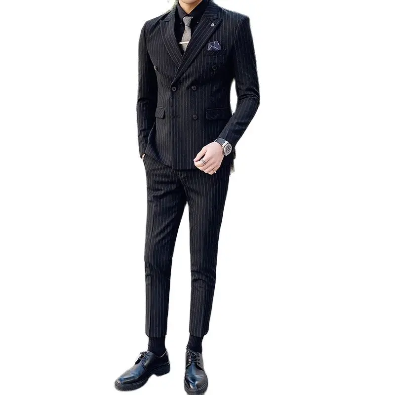 2022Jacket+calça Listrada de abotoamento duplo moda slim terno de roupa de duas peças para homens