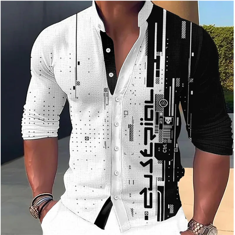 2023 Camisa dos Homens do Padrão de Impressão Geométrica Stand Colarinho Branco Rua Exterior Manga Longa Vestuário de Moda Streetwear Designer