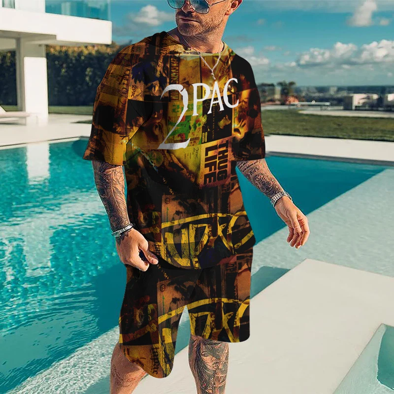 2023 Cantor de Rap 2pac Moda Homens T-Shirt Conjunto de Impressão 3D Tupac Hip Hop e Streetwear Oversize O-Neck Manga Curta t-shirts da Moda Pano