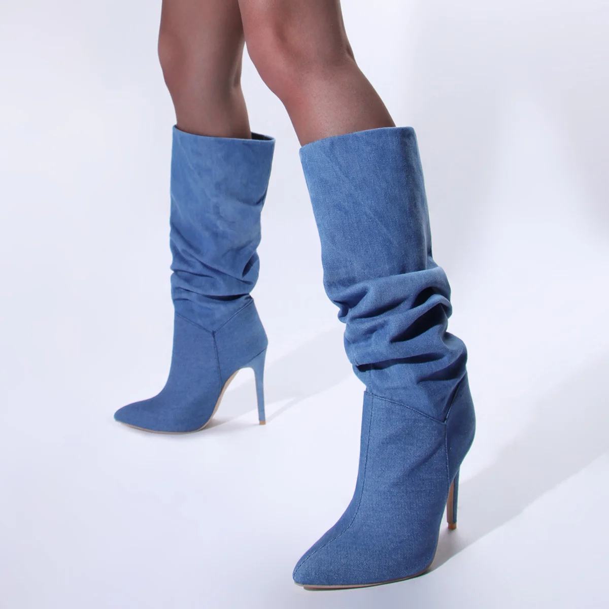 2023 Inverno Mulheres Moda Botas de Salto Alto da Pilha de Mulheres Meados de Bezerro Botas de bico Slip On Menina Sapatos de Escritório