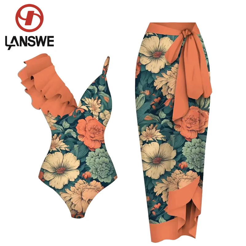 2023 LANSWE Retro Impressão Profunda V Um Maiô de Uma Peça de Mulheres Batas dos trajes de Banho roupa de Duas peças de Verão, roupas de Praia OP057