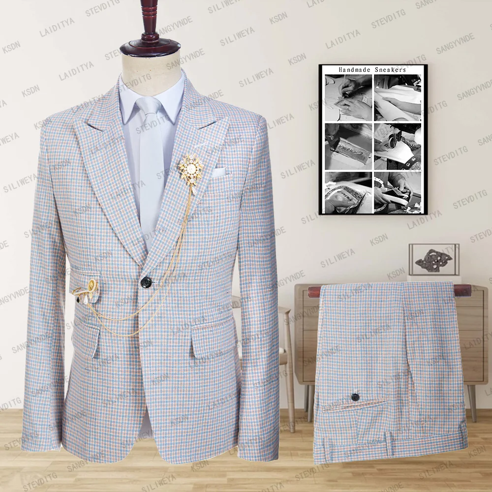 2023, masculina Casual Boutique de Negócios Retro Britânico Azul e Laranja Manta de Linho Blazers Jaqueta Calças Colete do Terno 3 Pcs Conjunto