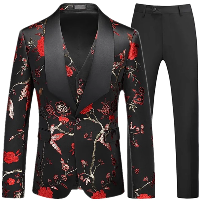 2023 Moda masculina da Nova Lazer Boutique de Negócios, Banquetes Oco de Impressão Vestido Blazer Jaqueta Calças Colete Casaco Calças 3 Pcs Conjunto