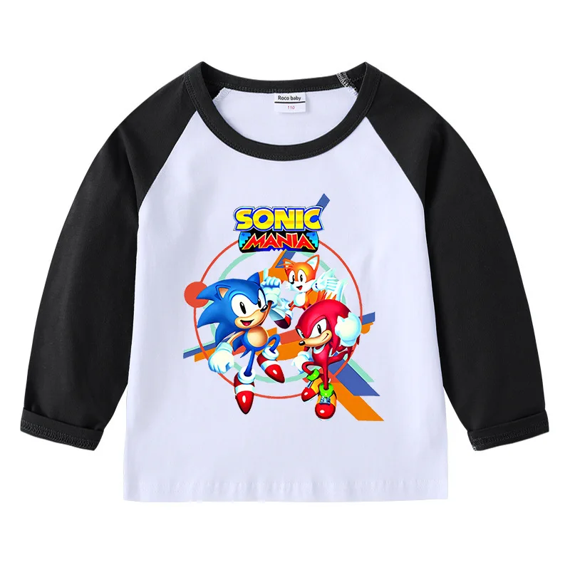 2023 Novo Sonic Crianças T-shirt Gola Redonda de desenhos animados de Longa-Top de manga Assentamento Camisa T-shirt de Algodão