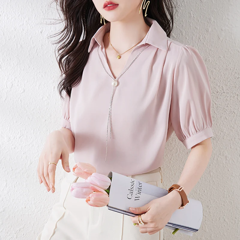 2023 Verão Blusa das Mulheres do Vintage Camisa Beading Mulher Tops com decote em V Elegantes Camisas e Blusas de Moda Manga Curta Roupa das Mulheres