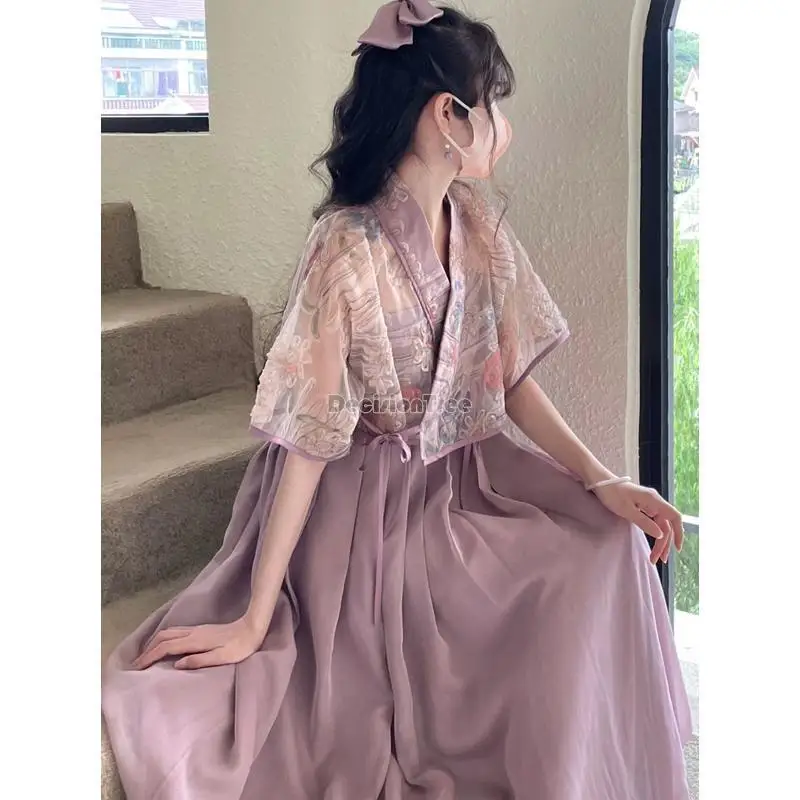2023 verão de novo chinês antigo estilo de melhoria hanfu de fadas vestido de manga curta casual estilo solto mulheres chinês retro conjunto g597