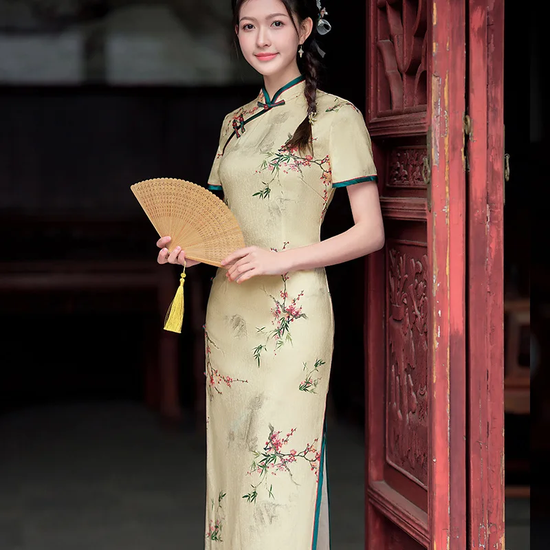 2023 Verão Melhorado Cheongsam Literária Elegante Chinês Tradicional Estilo Vintage Foto da Saia Vestido de Noite para as Mulheres Qipao