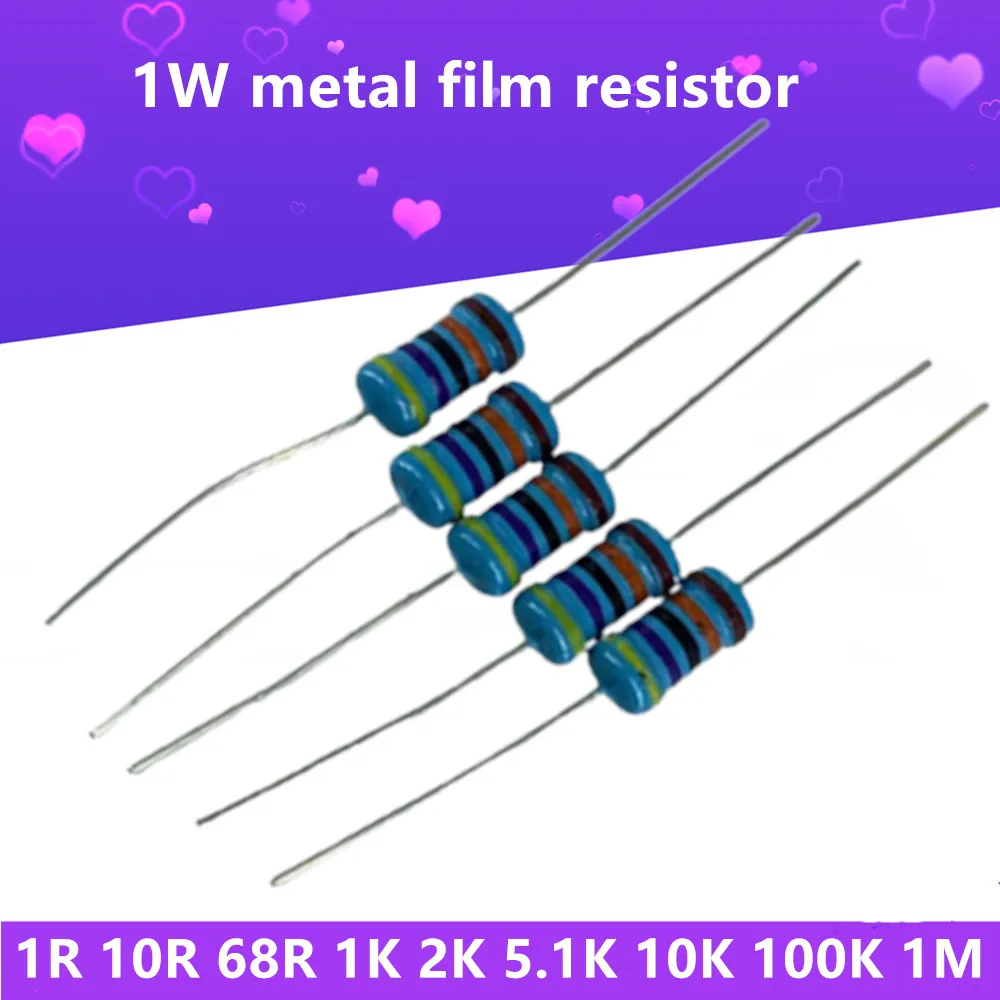 20Pcs/Lotes 1W Metal Filme Resistor de 1R~2,2 M 1% de Cinco Anel de Cor Eletrônico Resistores de 220 1K 2.2 4.7 K K 10K 47K 100K Ohm Resistência