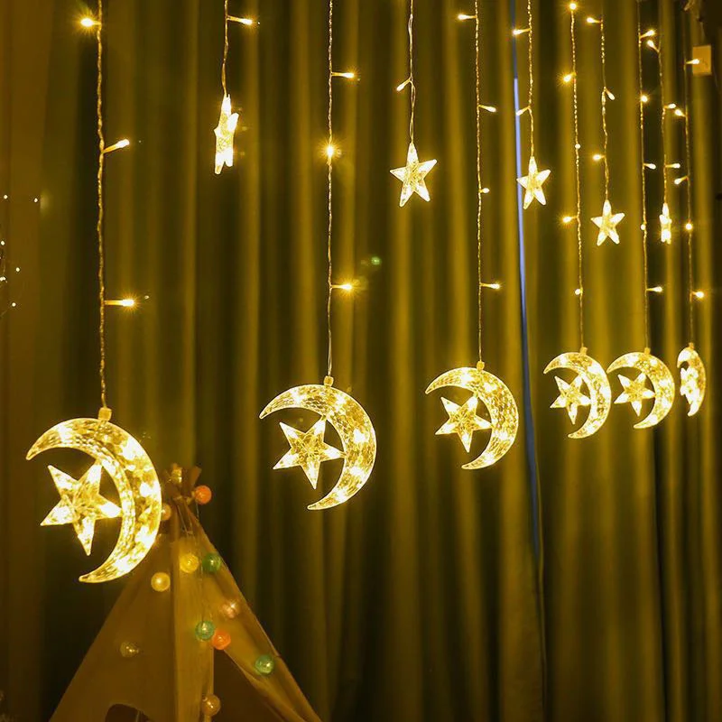 220V UE Plug LED Lua Estrela Cortina de Seqüência de Luzes de Natal, Guirlanda Luzes de Fadas para o Jardim, Sala de festas de Casamento Ramadã Decoração