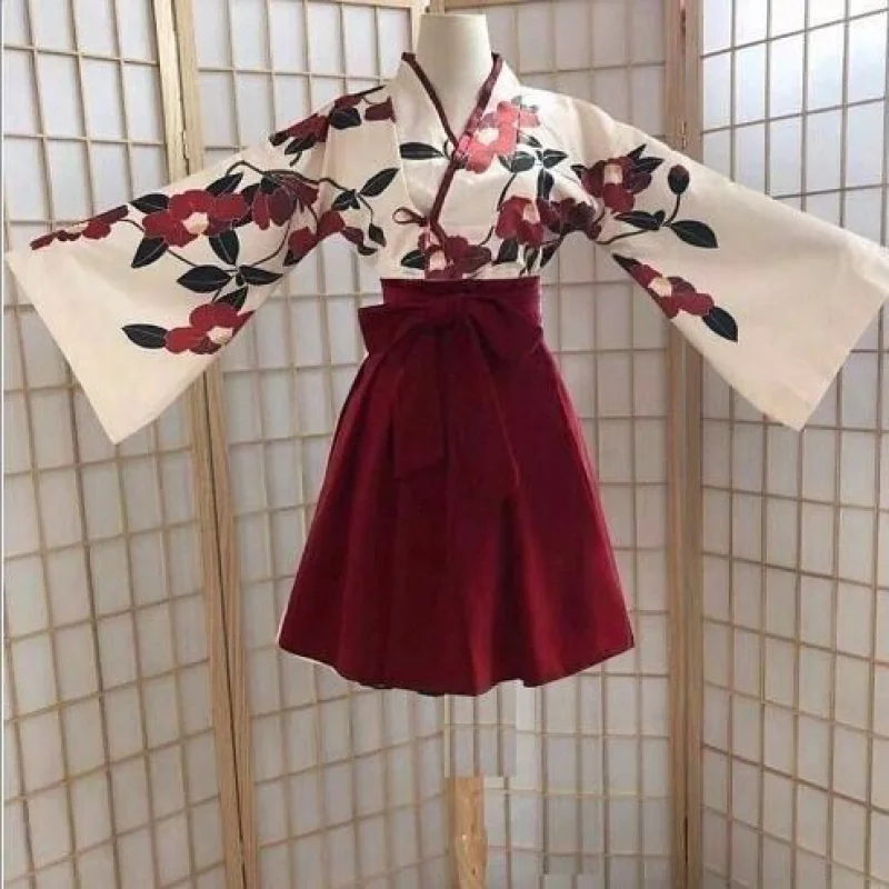 2Pcs Definir Mulher de Quimono Japonês Estilo de estampa Floral Vintage Menina Oriental Hanbok Amor Traje Haori Yukata Asiático Vestido de Noiva