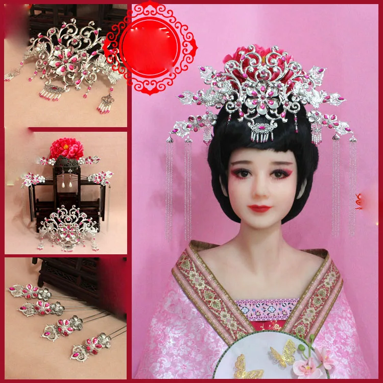 306 Prata Cabelo de Rosa Tiara de Princesa Chinesa Imperatriz Cabelo Tiara de Cosplay TV Play Fotografia Vintage, feitos à mão Tiara