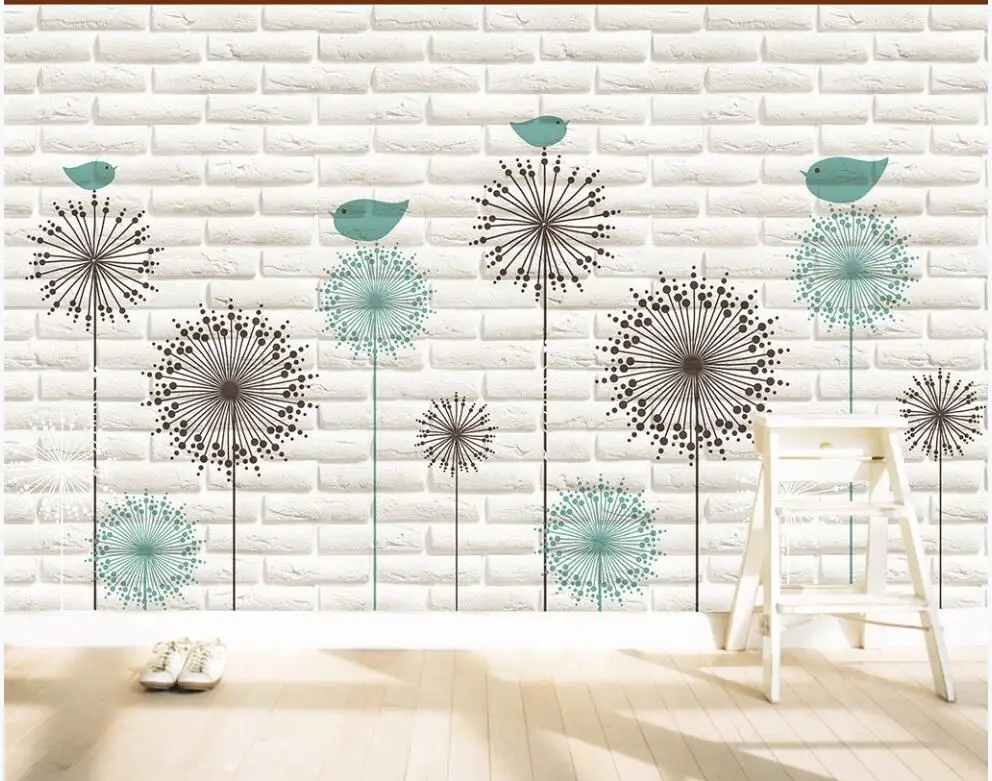 3d papel de parede personalizado com foto Moderno e minimalista dente-de-leão pássaro parede de tijolos de fundo, decoração sala de estar papel de parede para parede 3 d