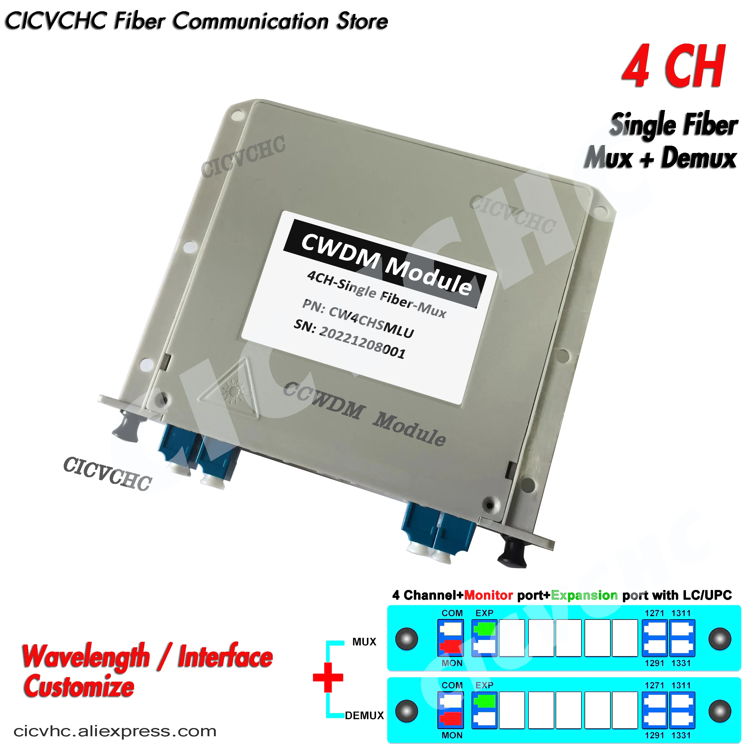 4CH CWDM Módulo de Plug-in com o Monitor e porta de Expansão com LC/UPC Única Fibra
