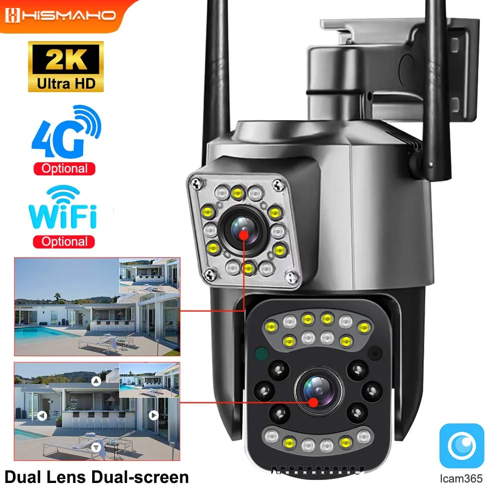 4G Dual Lente da Câmera do IP de 2K 4MP Exterior, wi-FI PTZ de Segurança de Proteção de 10X e Zoom de Tela Dupla Auto TrackingCCTV de Vigilância de Vídeo