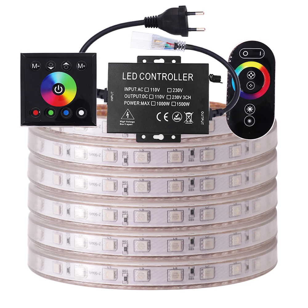 5050 Conduziu a Luz de Tira 220V 110V Dupla RF Toque de Parede Controle Remoto de LED RGB Fita Decoração 60LEDs/m Impermeável RGB Fita UE/EUA/UK/AU