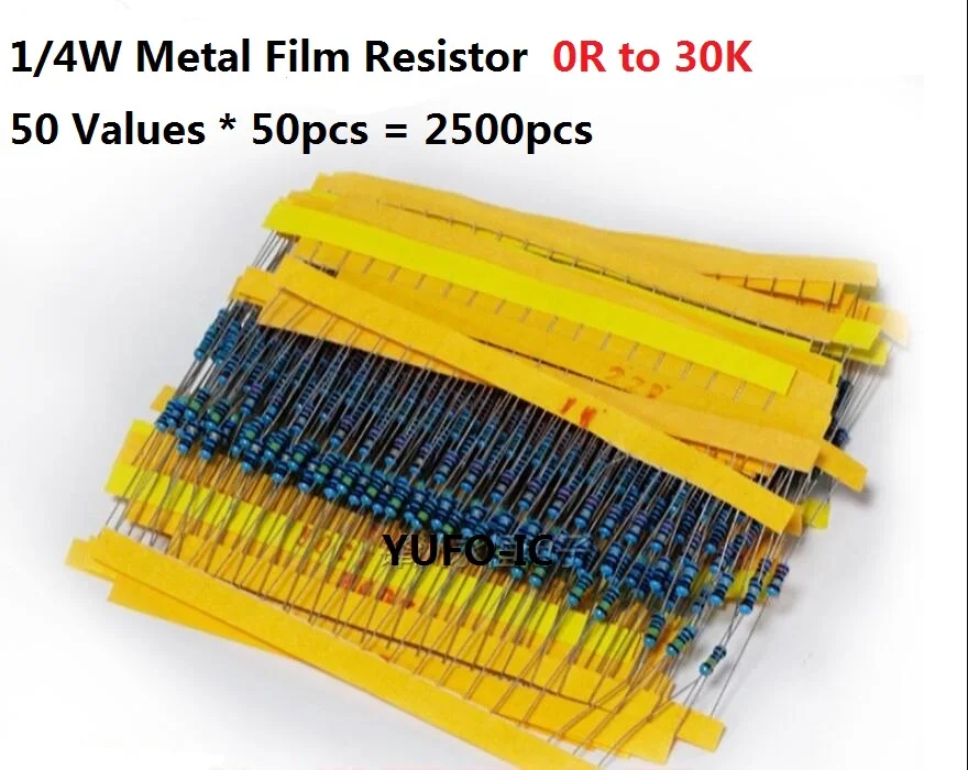 50values*50PCS=2500PCS 0R-30k Ohm 1/4W 5% de Metal Fillm Resistor Conjunto de Kit de Classificar Pack 1R 47R 100R 180R 220R 560R 1K 2.2 K 10K 20K