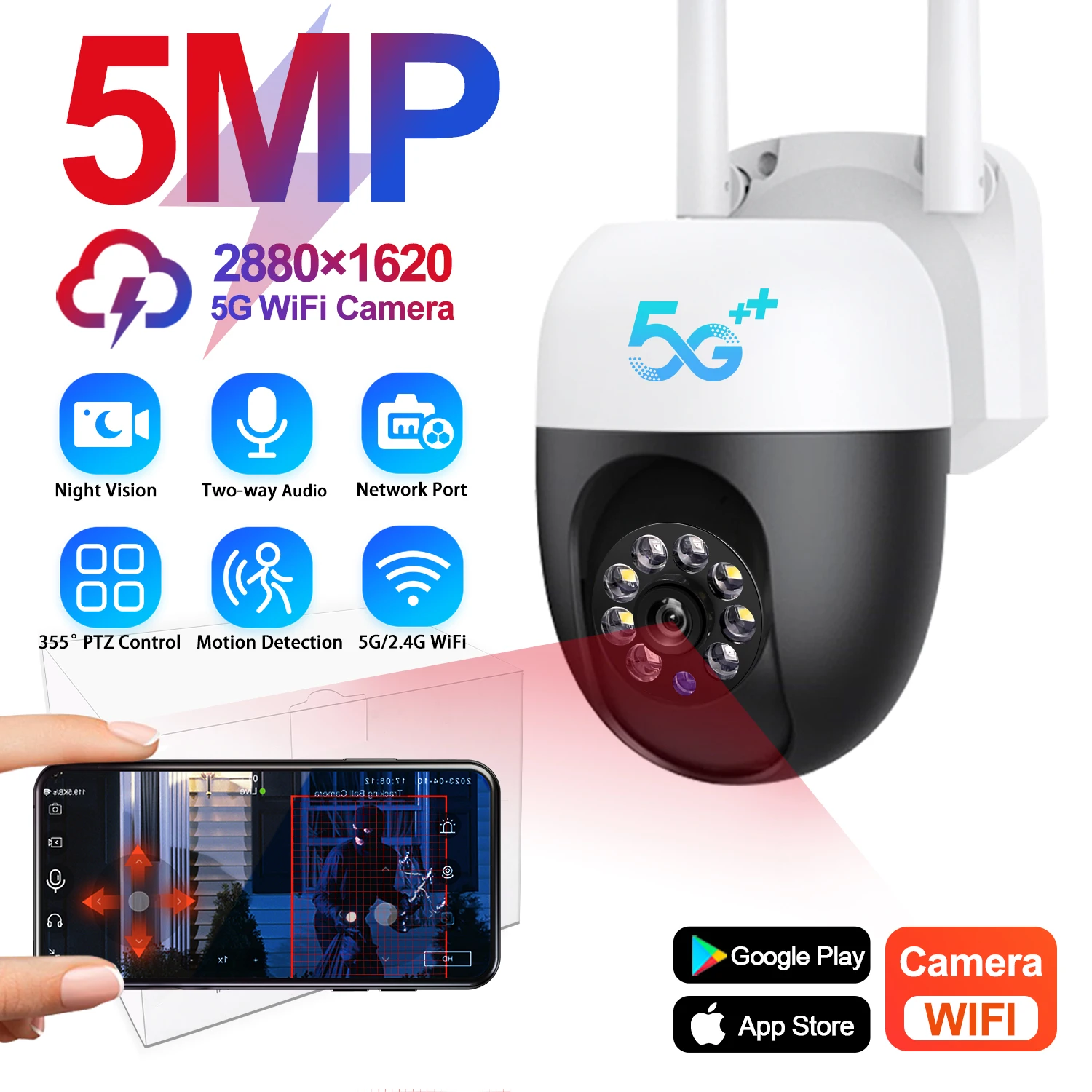 5MP Câmera IP Wifi sem Fio ao ar livre de Segurança, as Câmeras de Vigilância AI controle Humano Áudio de Duas vias Noite Câmera de Cor Impermeável