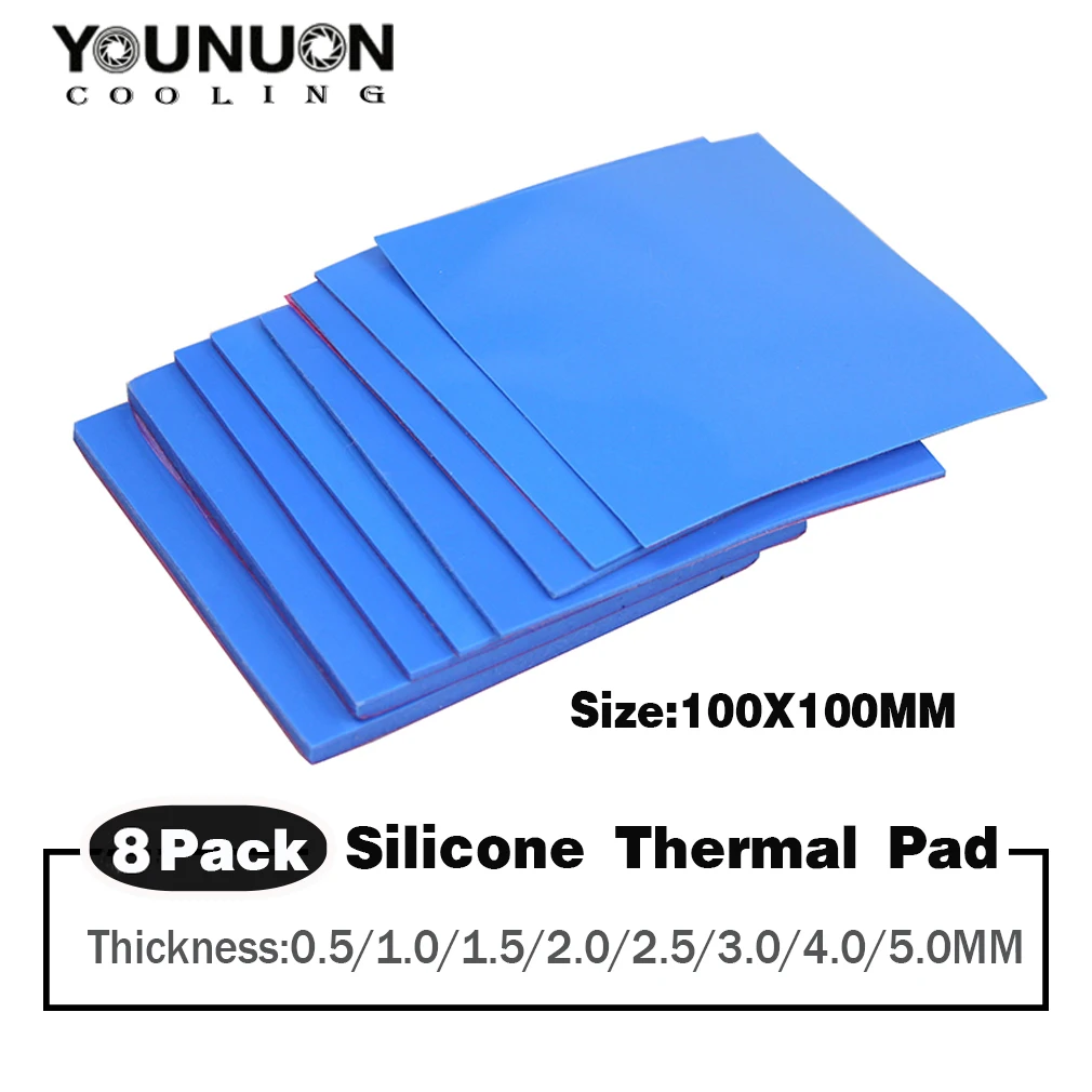 8pcs YOUNUON 100x100x0.5mm 1mm de 1,5 mm, 2 mm 2,5 mm 3mm 4mm 5mm Azul Branco Verde Combinação de Almofadas Térmicas de Refrigeração Condutora de Silicone