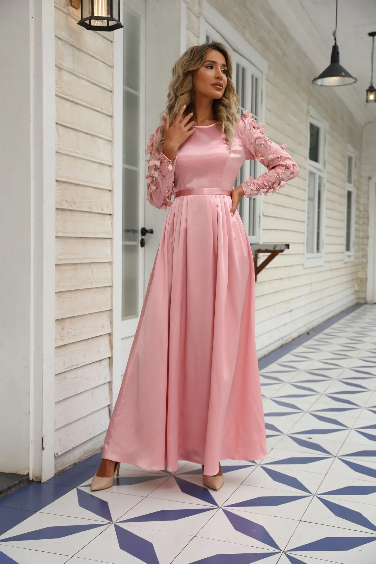Abaya Vestido Para as Mulheres de Cristal cor-de-Rosa de Cetim Bordados 3D, Moda, Mulher de Vestido Elegante Vestido de Noite comprido Kaftan de Vestuário Feminino