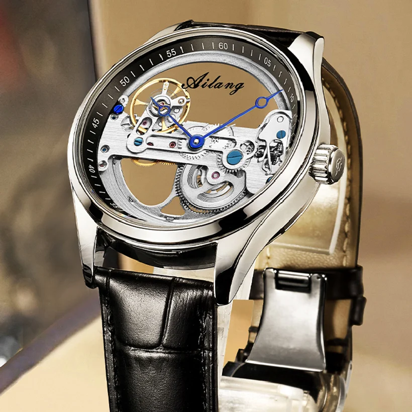 AILANG Mens Relógios de Marca Top de Luxo Esqueleto Steampunk Couro Moda Relógio Mecânico Automático Oco relógio de Pulso Para Homens