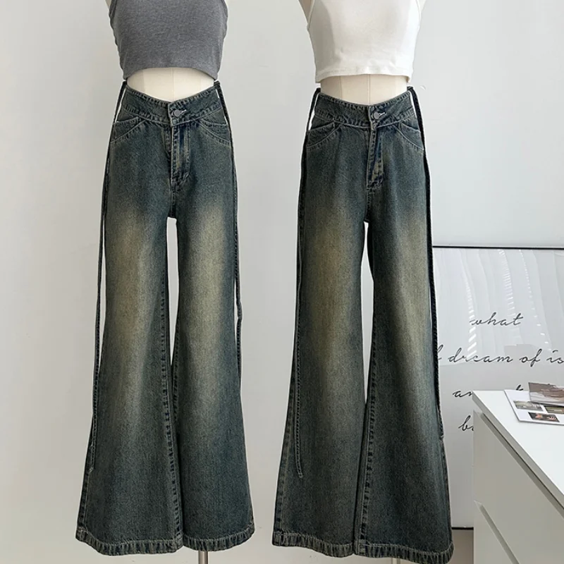 Azul Jeans para Mulheres Cordão de Cintura Alta Moda Americana Streetwear Vintage de Perna Larga Jean Feminino Calças Baggy Jeans Calças
