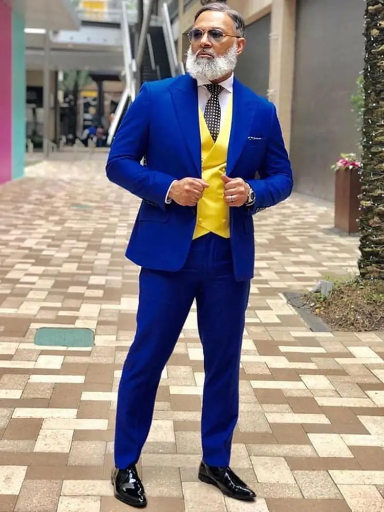 Azul Royal Blazer Calça Amarelo Colete de 3PCS Ternos de Negócio Causal de Fatos de Noivo Smoking Para o Casamento Terno Masculino Traje Homme