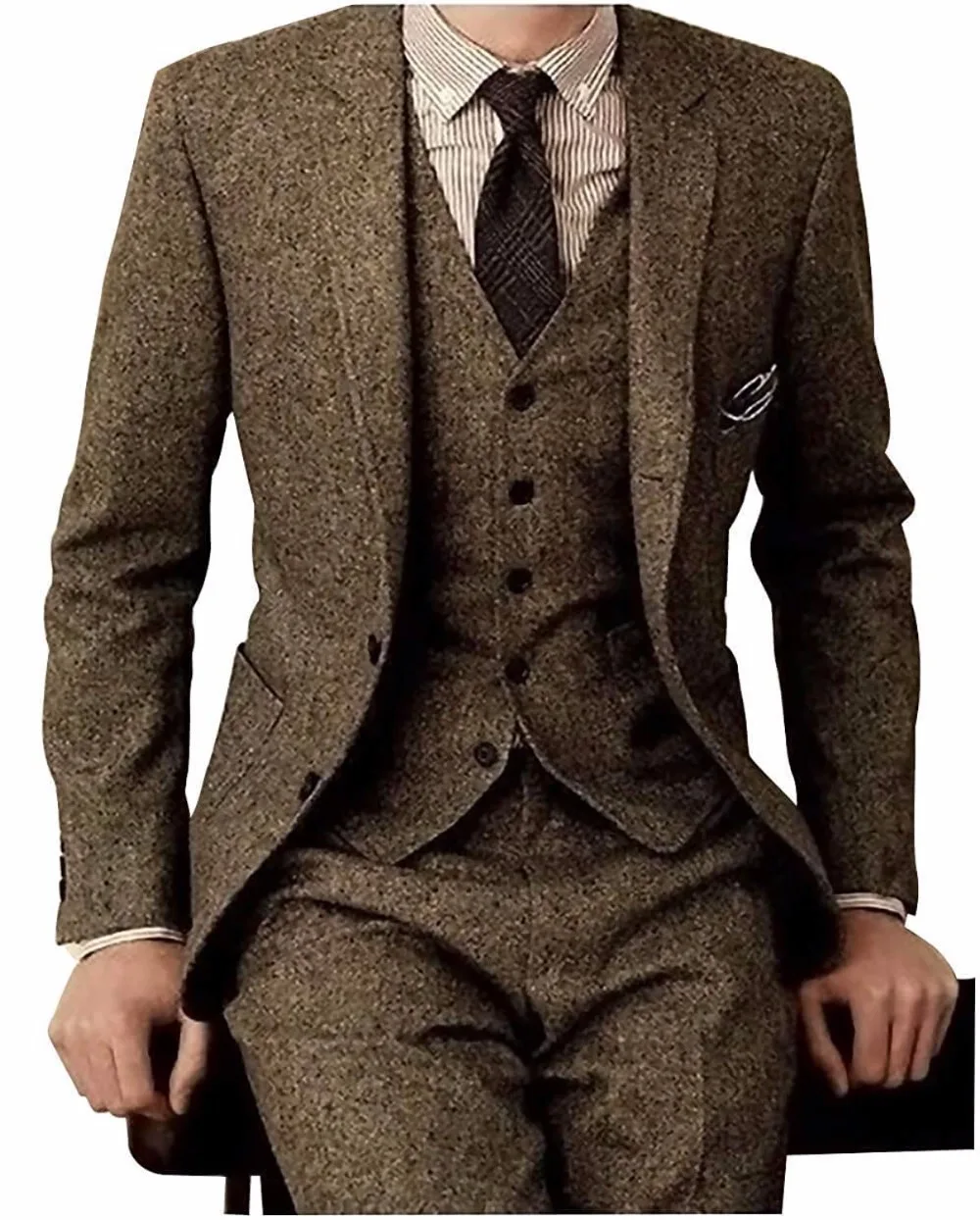 Brown Tweed Homens Ternos 3 Peças Formal Terno De Negócio Conjunto Personalizado Gentil-Mens Noivo Vestido De Noiva Blazer Terno(Casaco+Calça+Colete)