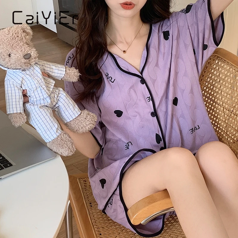 CAIYIER 2023 Verão coreano Mulheres Pijama Conjunto Kawaii Algodão Meninas Pijamas de Manga Curta, Shorts Linda roupa de Dormir Terno Lingerie