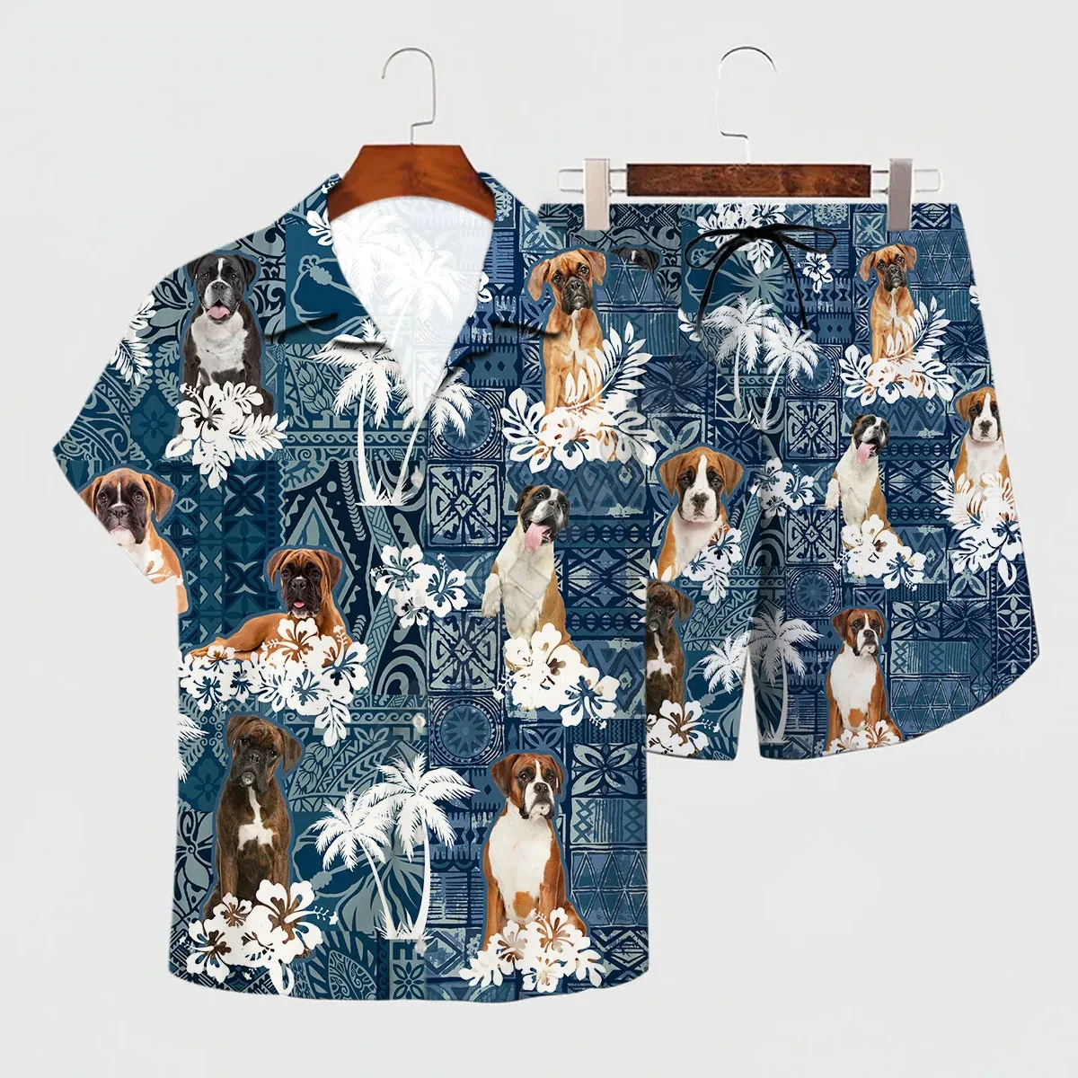 Camisa de Verão Boxer Havaiano Conjunto de Impressos em 3D Havaí Camisa + Calções de Praia Homens Para as Mulheres Engraçado Cão Roupas