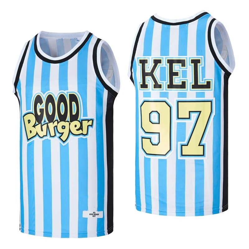 Camisolas basquetebol Bom Hambúrguer 97 Kel Jersey de Costura, Bordado de Esportes ao ar livre Hip Hop Respirável de Alta qualidade Listra Azul Novo