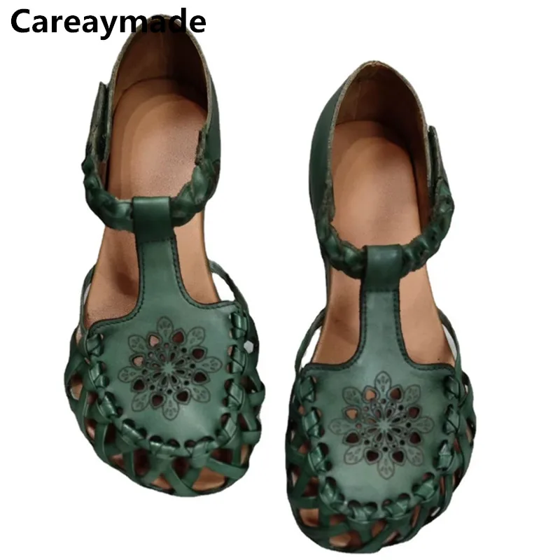 Careaymade-Retro Verão as Mulheres Sapatos Perfurados Oco da Mão-de tecido Flor de Televisão de Mulheres Sandálias de Couro Genuíno Sapatos