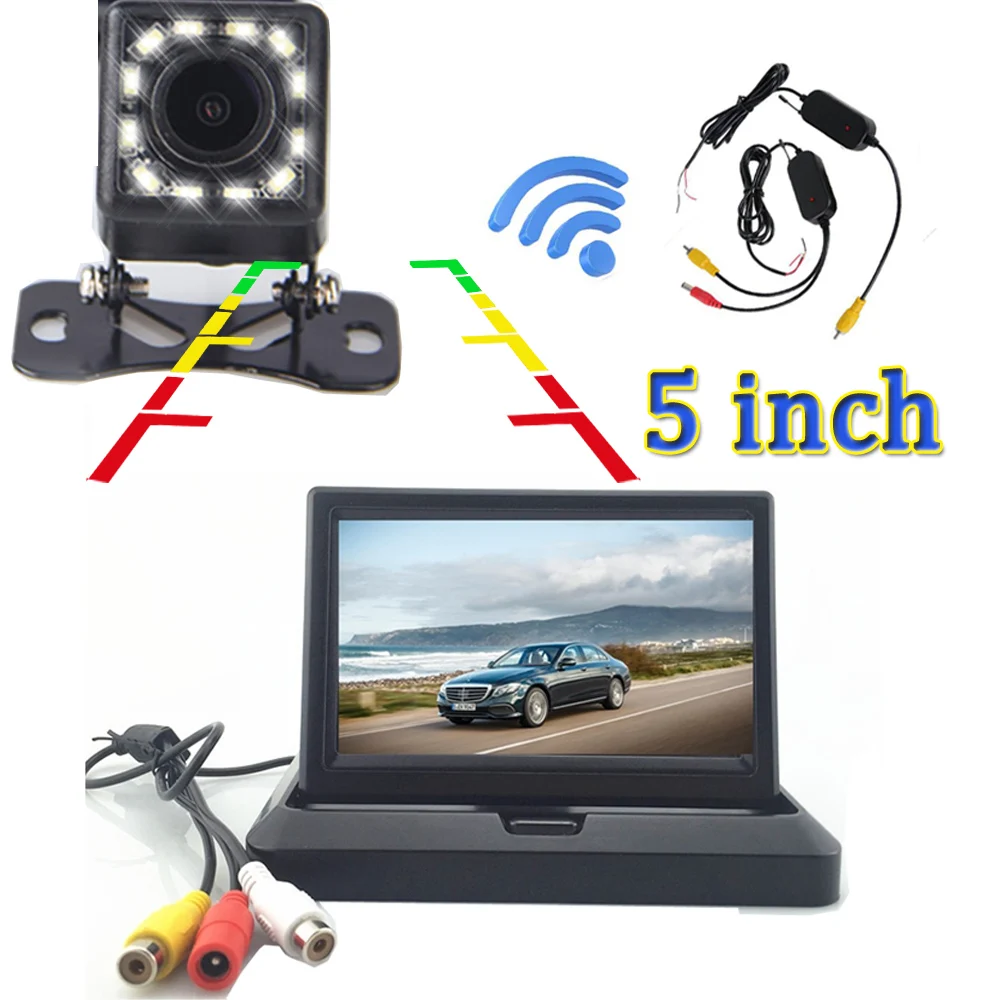 Carro Dobrável Monitor de Vídeo HD, Monitor de Estacionamento Tela LCD TFT De 5 Polegadas Com 12 LED Câmera de Visão Traseira, Resolução de 800x480