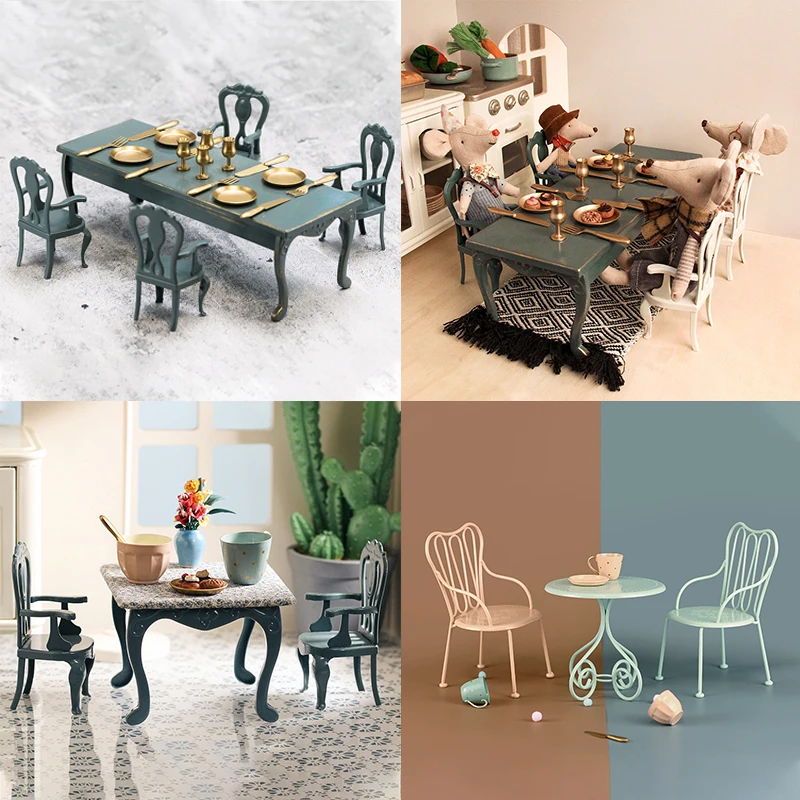 Casa de boneca retrô de ferro mesa de sala de estar, Cozinha, mini mesa de jantar e cadeira acessórios móveis quadrado de mesa e cadeiras