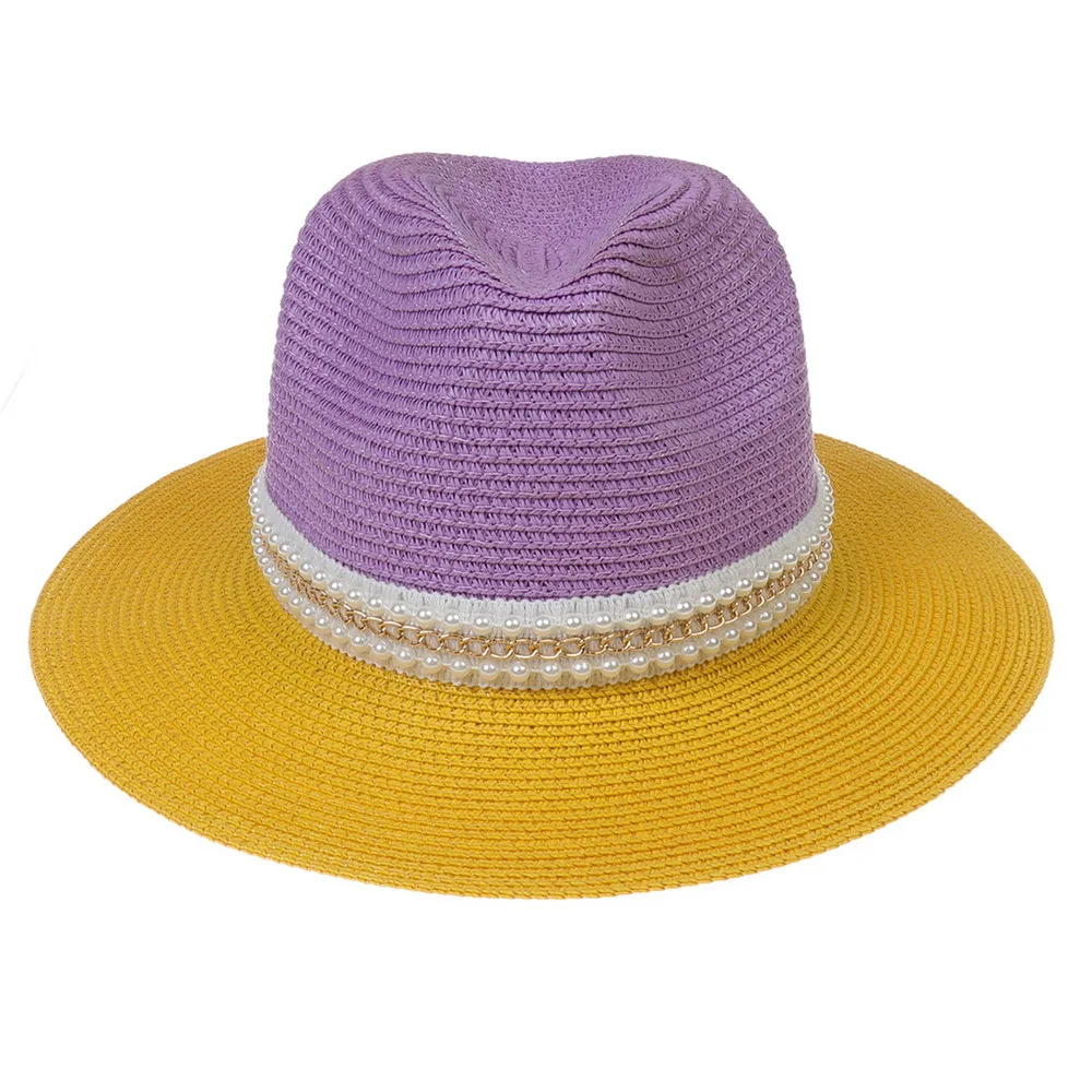 Chapéu de palha 2022 duas cores de costura pérola acessórios amarelo roxo jazz homens e mulheres de chapéu de sol de praia, chapéu de jazz кепка мужская