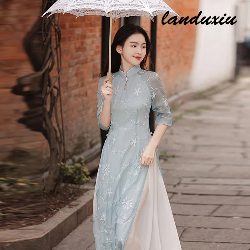 Cheongsam Jovem Simples e Elegante Retro Estilo Chinês Moderno Longo Qipao High-end Oriental Festa de Casamento Vestido Floral Landuxiu