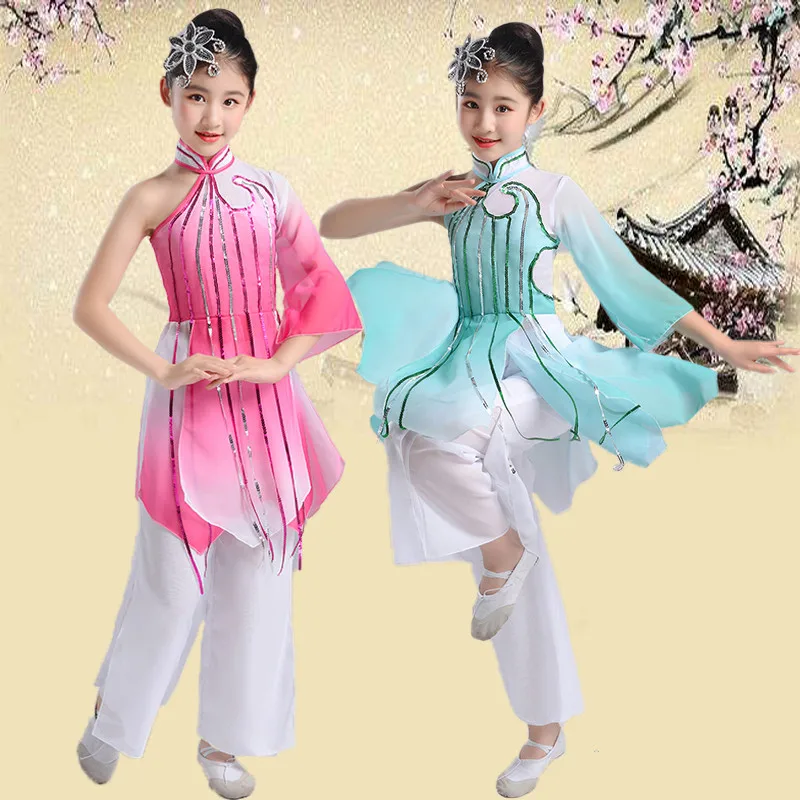 chiffon chinês tradicional yangko dança fantasias para meninas clássico fã de dança de fadas roupas jardim de infância fase desempenho