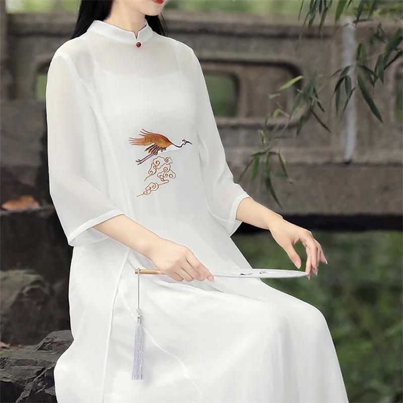 Chinês Clássico Cheongsam Mulheres Vestidos De Verão Fina Elegante Guindaste Bordado De Chiffon De Fadas Hanfu Vestido Suave Vintage Qipao