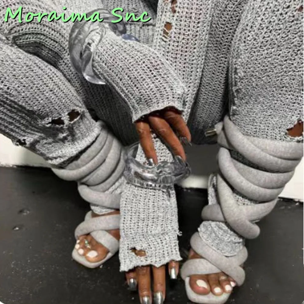 Cinza Corda Envoltório Laço Sandálias De Tiras Dedo Do Pé Quadrado Stiletto Salto Alto Calçados Femininos Verão 2023 Novas Chegadas Sólido Sexy Quente Da Venda