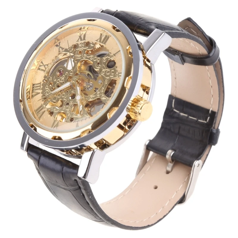 Classic Mens Relógios Mecânicos De Couro Preto, Mostrador Em Ouro Exército De Esqueleto Do Esporte Relógio De Pulso Fresco Relógio