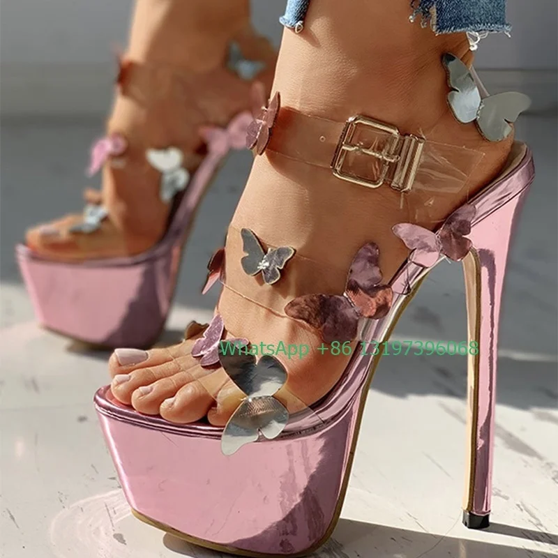 Cor-de-rosa Borboleta 3D Decorativo Plataforma Sandálias de PVC Alça Sexy Slingback Sandálias Boate Pole Dancing Shoes Grande de Tamanho de calçado