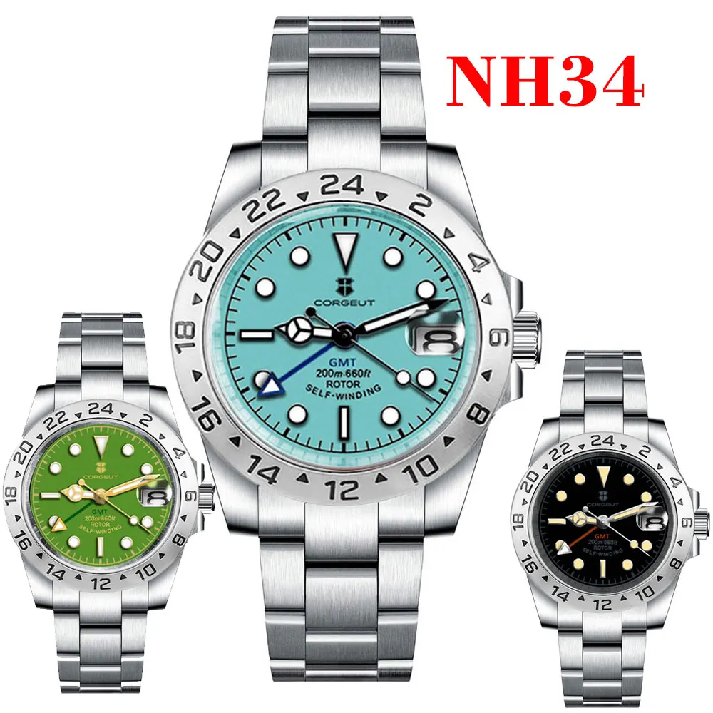 Corgeut de Luxo NH34 Mecânica relógio de Pulso Branco Aço Inoxidável GMT Relógio Marca de Topo do Vidro Safira Homens Relógios reloj hombre