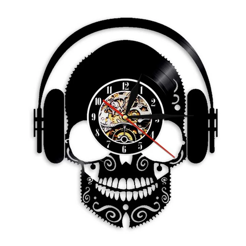 Crânio de Música Fones de ouvido DJ Arte de Parede Assustador Crânio usando Fones de Decoração de Casa de Musical Crânio disco de Vinil de Parede Relógio de Parede, Relógio de