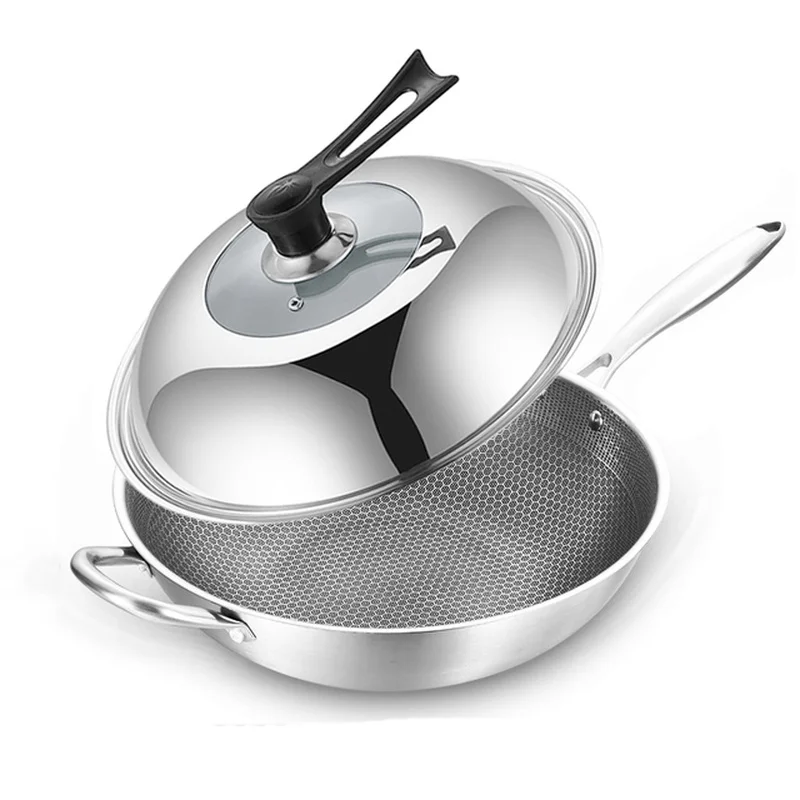 De aço inoxidável wok Revestido frigideira antiaderente de Indução compatível cozinha frigideira Adequado para fogão a gás e fogão de indução