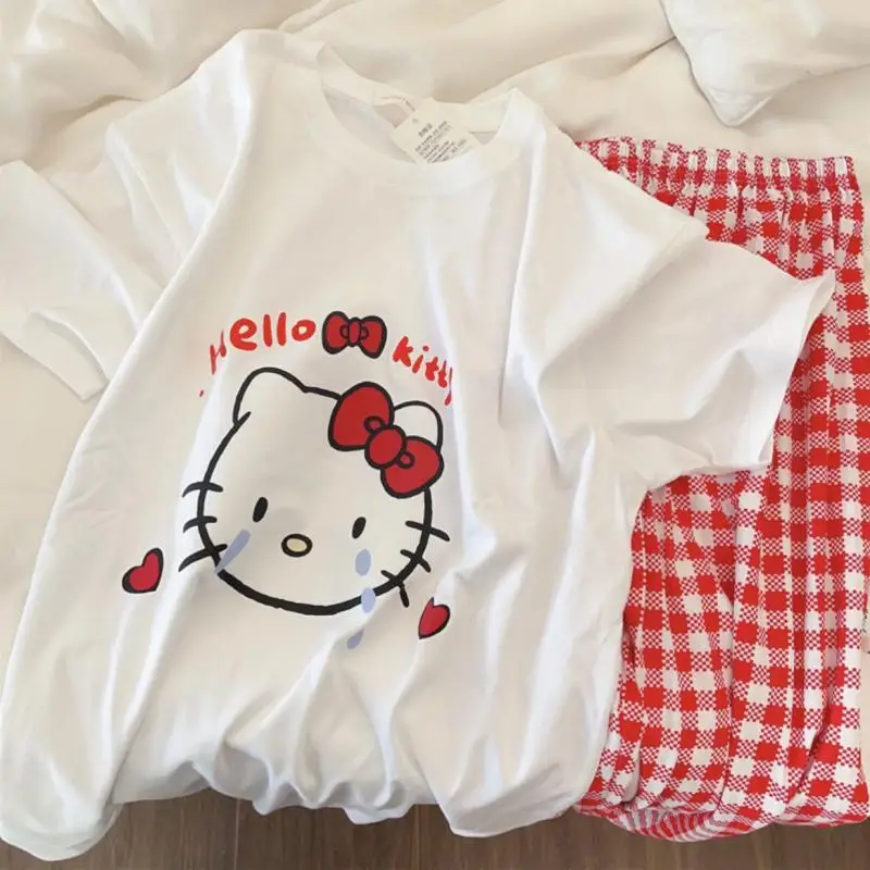 Desenhos Animados Hello Kitty Novos Pijamas De Algodão De Verão Sanrio Pachacco Kawaii De Manga Curta, Calças Xadrez Casa De Estudante Terno De 2 Peças De Conjunto
